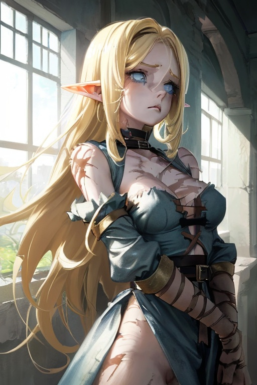 Prompt: A 23-year-old elf woman who is a slave with ragged clothes, she has blonde hair but it is not golden, her hair is not very long and reaches her shoulders, she has light blue eyes. She is ragged. She has scars all over her body, she has a sad look. Anime art. Anime. 2D. Madhouse art.