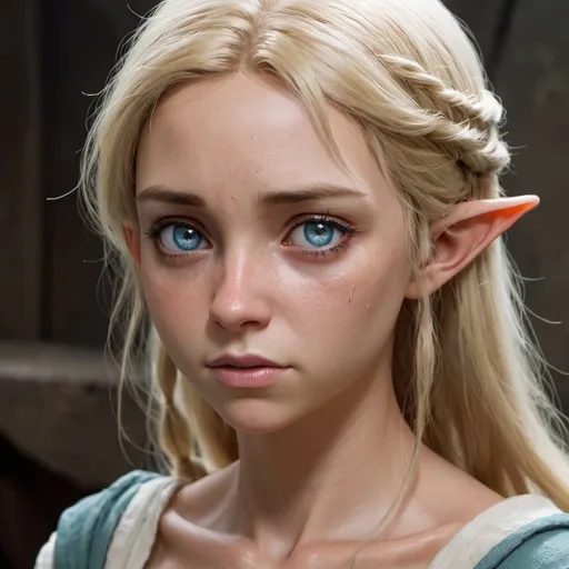 Prompt: A 23-year-old elf woman who is a slave with ragged clothes, she has blonde hair but it is not golden, her hair is not very long and reaches her shoulders, she has light blue eyes. She is ragged. She has scars all over her body, she has a sad look. Anime art. Anime. 2D. Madhouse art.