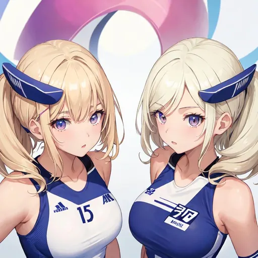 Prompt: 2 Hermanas gemelas. Imagen completa. Atletlas, uniforme de volleyball. Cabello rubio, dos coletas. Una tiene piel bronceada, la otra piel blanca. Anime art. 2d. Madhouse art. Buen diseño