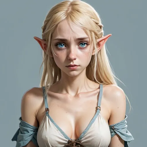 Prompt: 23 year old elf woman who is a slave with ragged clothes, she has blonde hair but it is not golden, her hair is not very long and reaches her shoulders, she has light blue eyes. She has scars all over her body and a sad look. Anime Art. 2d. Madhouse art.