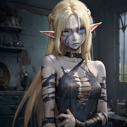 Prompt: A 23-year-old elf woman who is a slave with ragged clothes, she has blonde hair but it is not golden, her hair is not very long and reaches her shoulders, she has blue eyes. She is ragged. She has scars all over her body, she has a sad look. Anime art. Anime. 2D. Madhouse art.