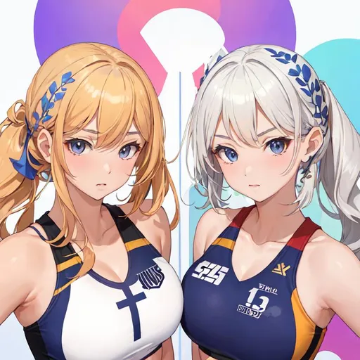 Prompt: 2 Hermanas gemelas. Imagen completa. Atletlas, uniforme de volleyball. Cabello rubio, dos coletas. Una tiene piel bronceada. Anime art. 2d. Madhouse art. Buen diseño