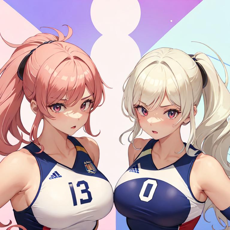 Prompt: 2 Hermanas gemelas. Imagen completa. Atletlas, uniforme de volleyball. Cabello rubio, dos coletas. Ojos morados. Una tiene piel bronceada, la otra piel blanca. Anime art. 2d. Madhouse art. Buen diseño