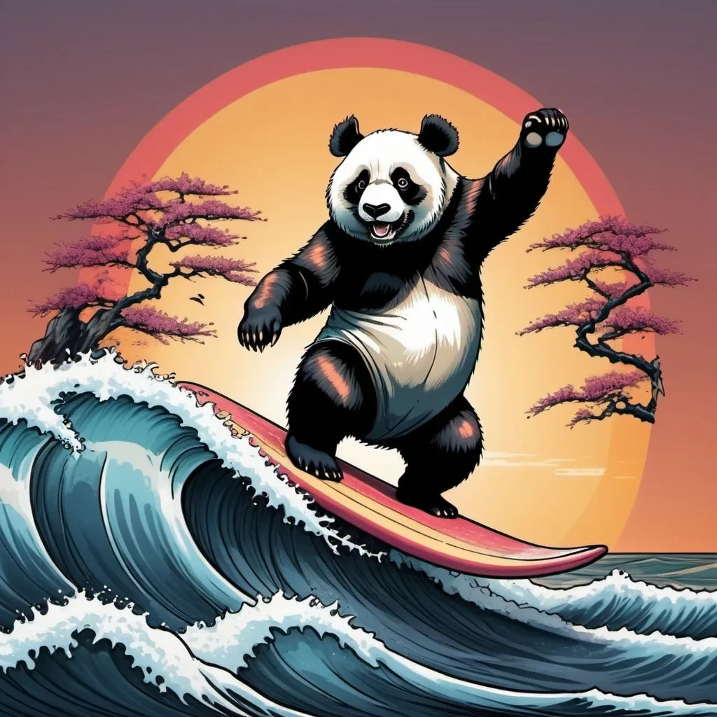 Prompt: panda bear surfing in Japanese waves at sunset, full color tattoo style, ultra high definition

