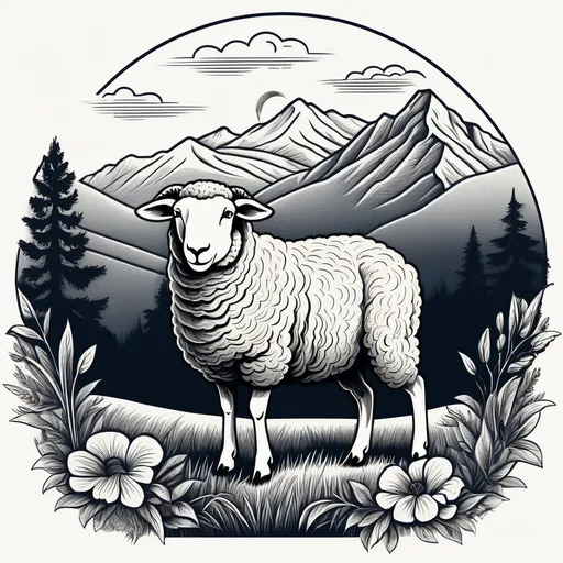 Prompt: A bold vintage-style line art illustration of a sheep standing in a peaceful pastoral landscape, surrounded by mountains and plants, designed specifically for T-shirt printing. The artwork uses clean, thick ink lines and simplified shading for maximum contrast and visibility on fabric. The style mimics traditional engraving or woodcut prints. The composition features Christian symbolism with text space above and below for scripture or inspirational phrases. High-contrast monochrome design, optimized for screen printing or direct-to-garment printing on T-shirts.","size":"1024x1024"