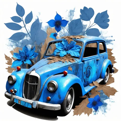 Prompt: Blue Flower, blue dry leafs, Blue Car, artisitic mixed media design