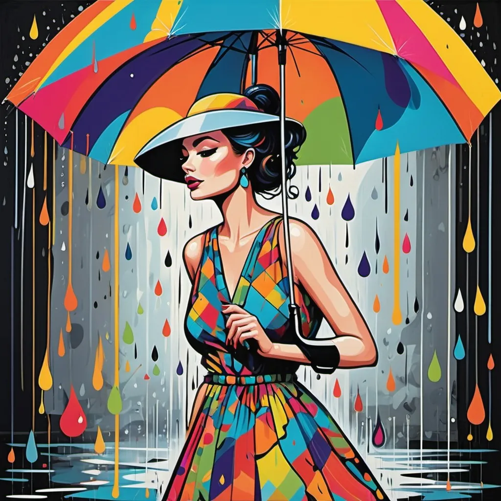 Prompt: This artwork features a stylish lady under a shower of colorful raindrops, filled with bold patterns and bright colors, capturing the essence of Pop Art. The playful elements and confident expression reflect the whimsical spirit of the movement.