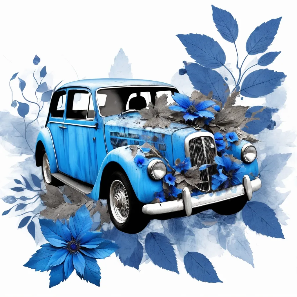 Prompt: Blue Flower, blue dry leafs, Blue Car, artisitic mixed media design