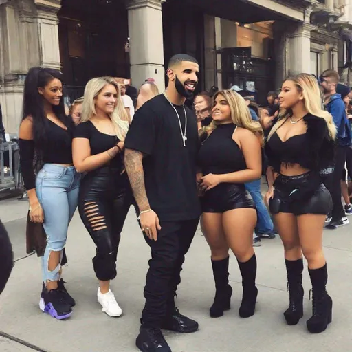 Prompt: some big bootyy bbl girls talking to drake