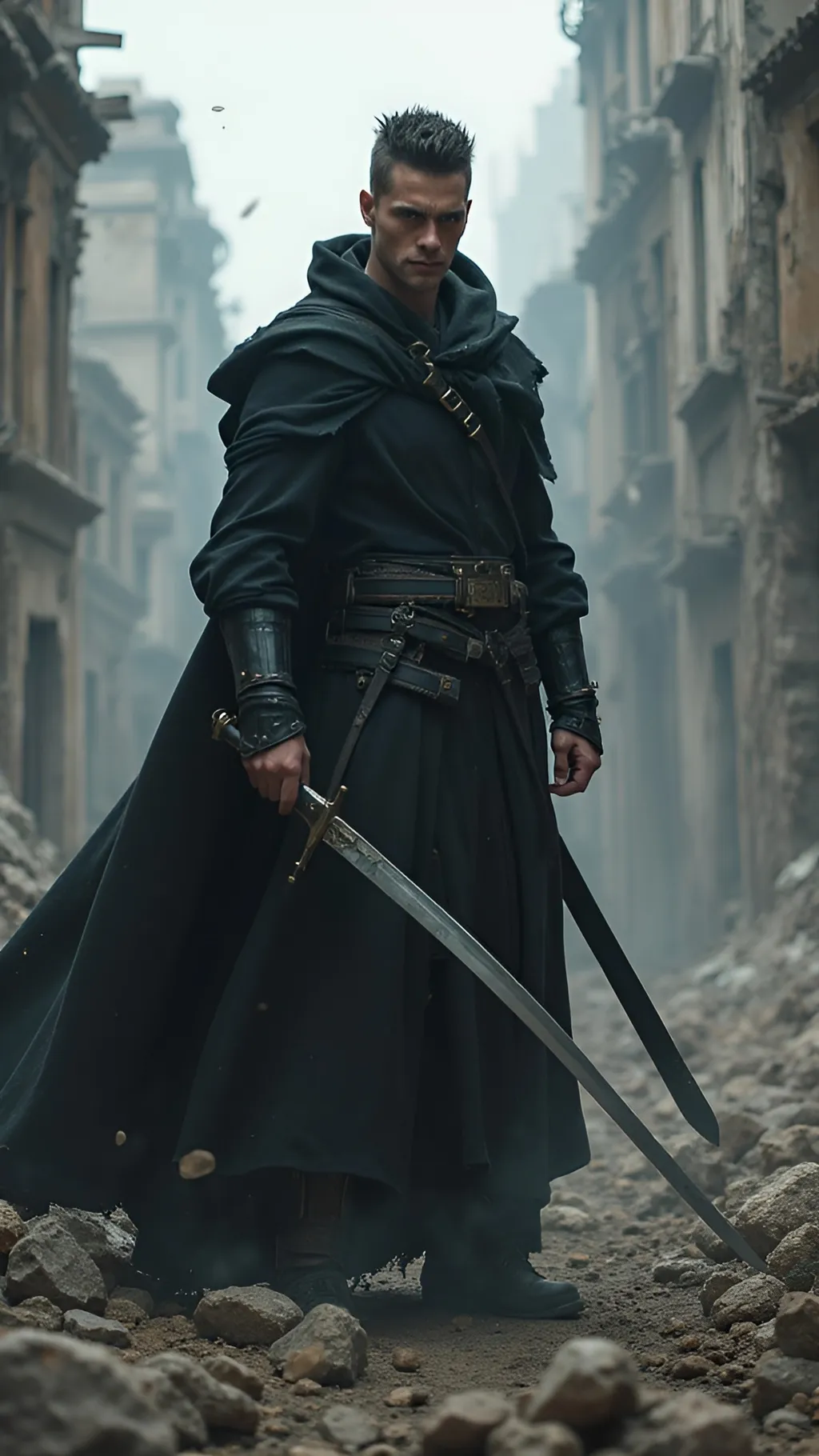 Prompt: A mysterious warrior clad in a flowing black robe stands amidst the ruins of a war-torn city. His face is sharp and intense, with piercing eyes, a confident smirk, and spiky hair that adds to his fearless demeanor. He draws a gleaming sword, its blade reflecting the dim light filtering through the dust and smoke. Around him, shards of raw iron and floating ore hover, magnetized by an unseen force, as if responding to his power. The surrounding buildings are crumbling, scarred by the devastation of past battles, with debris and broken structures adding to the dramatic scene. The atmosphere is dark and intense, evoking a sense of power, mystery, and destruction.