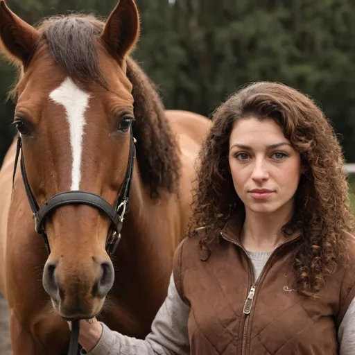 Prompt: A woman with brown curls next to a brown horse with straight, brown hair