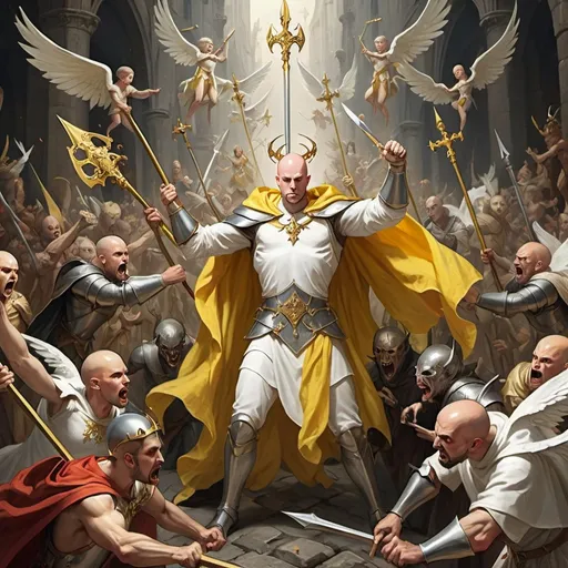 Prompt: a medieval feel and a bald hero, with a white cape and yellow clothes, fighting demons alongside angels holding spears with crowns floating on their heads that in the middle of everyone there is a superior being with disproportionate height