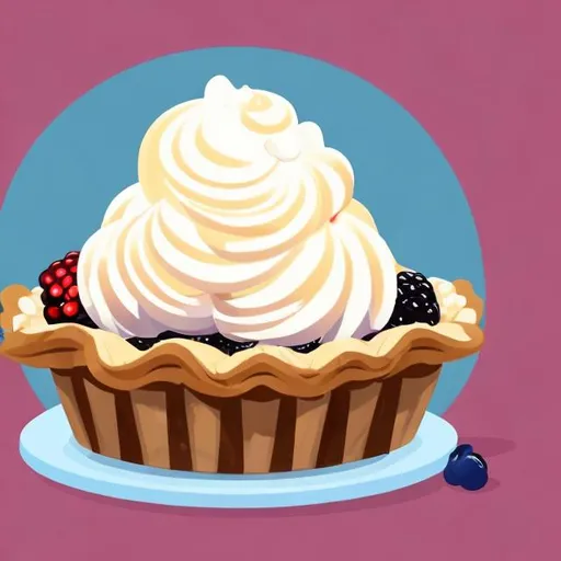 Prompt: Old fashioned cobbler holding a blue berry pie topped with whipped cream in a cartoon style