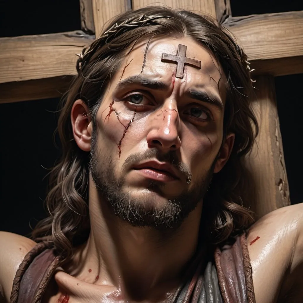 Prompt: Realistic, religious, detailed face and wounds, dramatic lighting and shadows, high quality, solemn ambiance, full body, crucifixion, detailed expression, reverent, atmospheric lighting, religious art, realistic portrayal, detailed features, emotional, dramatic composition, sacred, iconic, intense gaze, sorrowful, traditional, historical, masterful craftsmanship, sign above head reading king of the jews