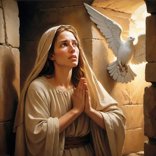 Prompt: Mary Magdalene entering Jesus' tomb, seeing an angel, biblical, ancient painting, dramatic lighting, religious, detailed facial expressions, holy atmosphere, traditional art style, warm tones, divine glow, high quality, oil painting, religious art, ancient, dramatic lighting, detailed facial expressions, traditional, warm tones, divine glow
