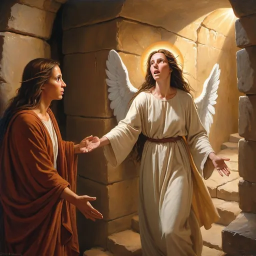 Prompt: Mary Magdalene entering Jesus' tomb, seeing an angel, biblical, ancient painting, dramatic lighting, religious, detailed facial expressions, holy atmosphere, traditional art style, warm tones, divine glow, high quality, oil painting, religious art, ancient, dramatic lighting, detailed facial expressions, traditional, warm tones, divine glow