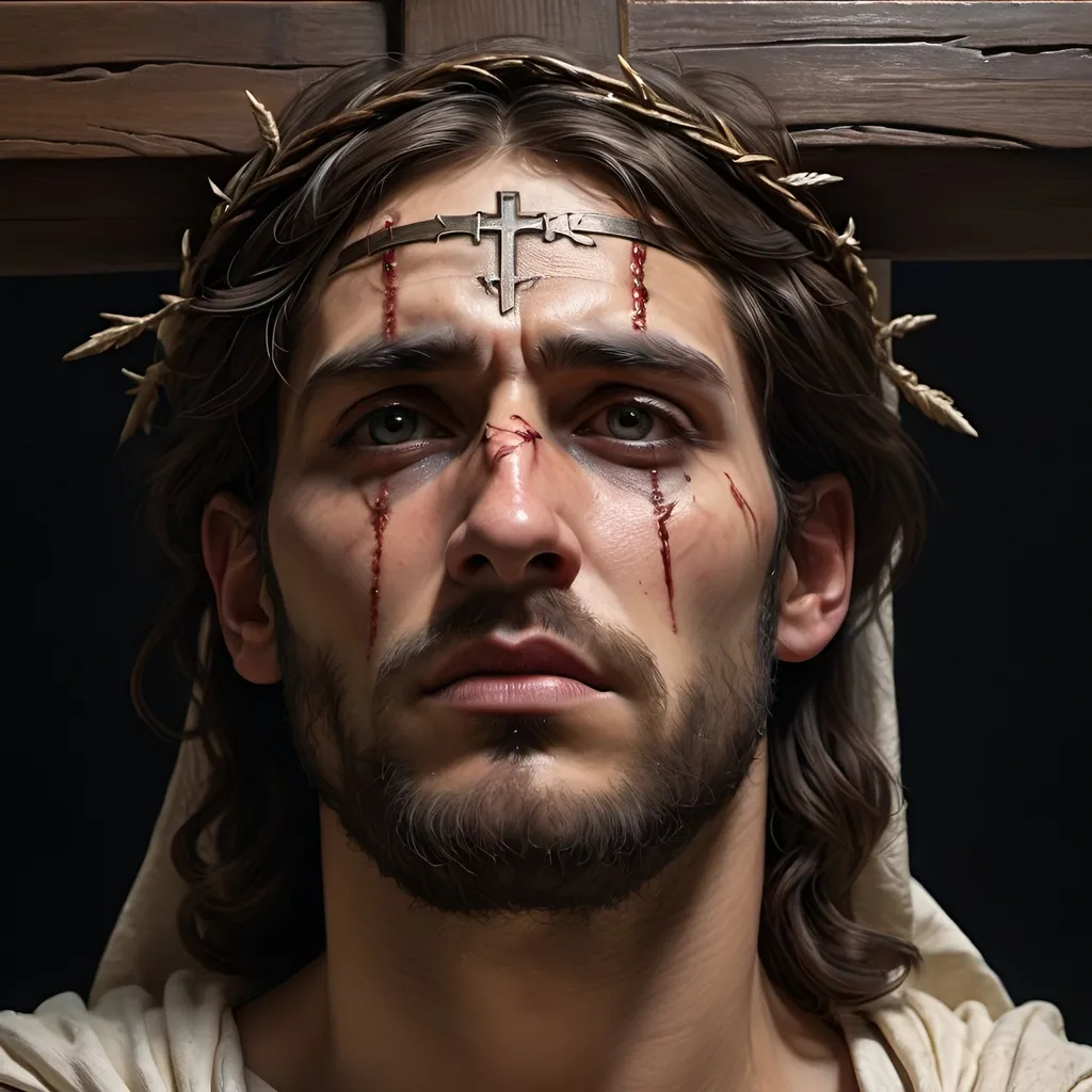 Prompt: Realistic, religious, detailed face and wounds, dramatic lighting and shadows, high quality, solemn ambiance, full body, crucifixion, detailed expression, reverent, atmospheric lighting, religious art, realistic portrayal, detailed features, emotional, dramatic composition, sacred, iconic, intense gaze, sorrowful, traditional, historical, masterful craftsmanship, sign above head reading king of the jews