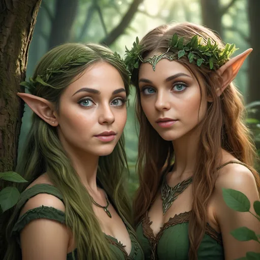 Prompt: Photorealistic forest scene with an enchanting Elf girl and magical dryad, paramount lighting, realistic foliage, detailed facial features, high quality, photorealism, enchanted atmosphere, mystical, magical dryad, forest setting, detailed eyes, woodland, atmospheric lighting, realistic, detailed hair, mystical aura, captivating, elf girl, professional, vibrant colors