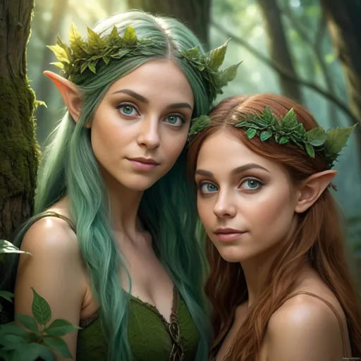 Prompt: Photorealistic forest scene with an enchanting Elf girl and magical dryad, paramount lighting, realistic foliage, detailed facial features, high quality, photorealism, enchanted atmosphere, mystical, magical dryad, forest setting, detailed eyes, woodland, atmospheric lighting, realistic, detailed hair, mystical aura, captivating, elf girl, professional, vibrant colors