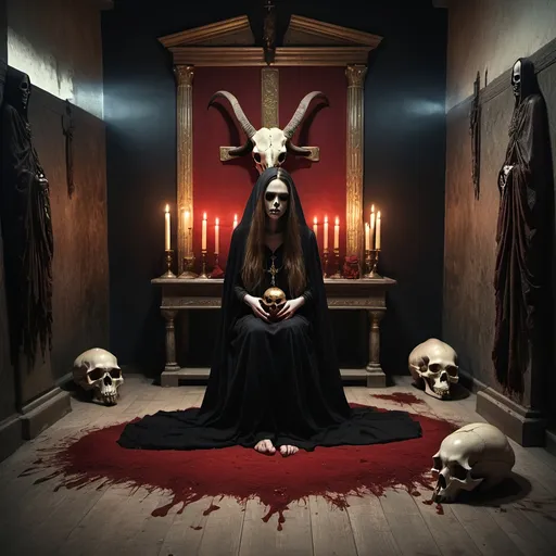 Prompt: Cult sacrificial room, vintage, black cloaked figure with blood-red goat skull with gold horns as a head, eerie lighting, girl with long hair on the floor as a sacrifice, haunting atmosphere, high quality, vintage, eerie, sacrificial, detailed goat skull, eerie lighting, cult ritual, vintage attire, blood-red tones, dark and ominous, detailed surroundings, ancient, sacrificial room