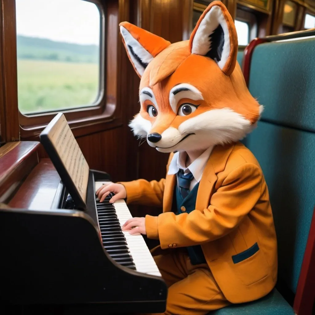 Prompt: A boy with Fox ears & a tail is playing keyboard in a 20th-century train.