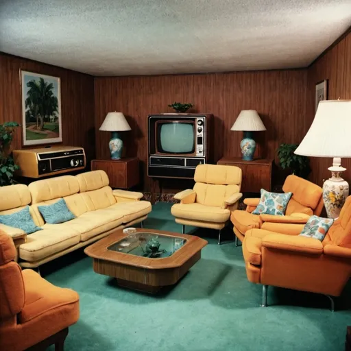 Prompt: A living room from 1973