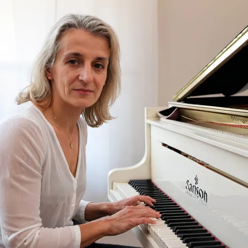 Prompt: Véronique Sanson avec son piano blanc.