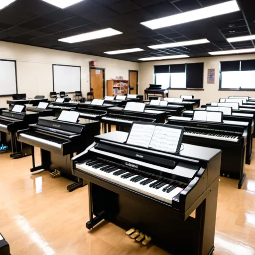 Prompt: A classroom full of digital pianos