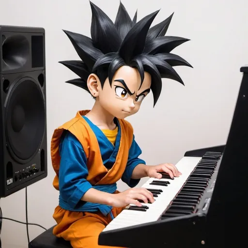 Prompt: A boy with Saiyan hair & tail playing keyboard