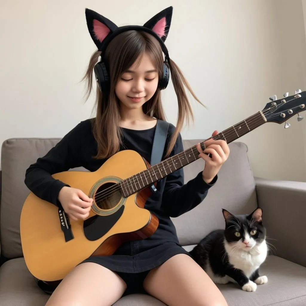 Prompt: A girl with cat ears & tail playing guitar