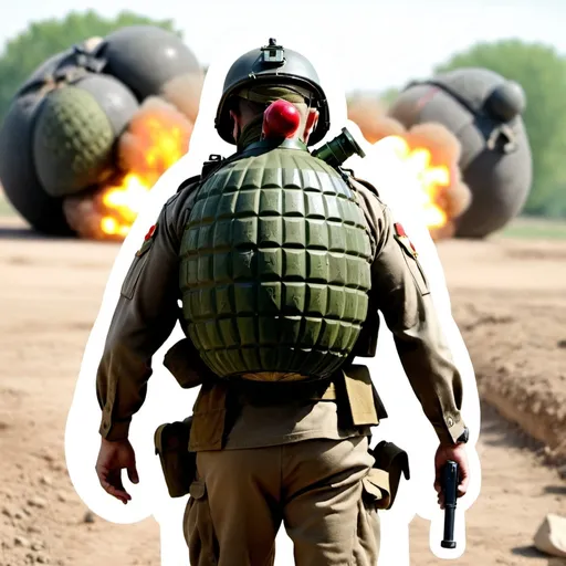 Prompt: A soldier wearing a big grenade on the back.