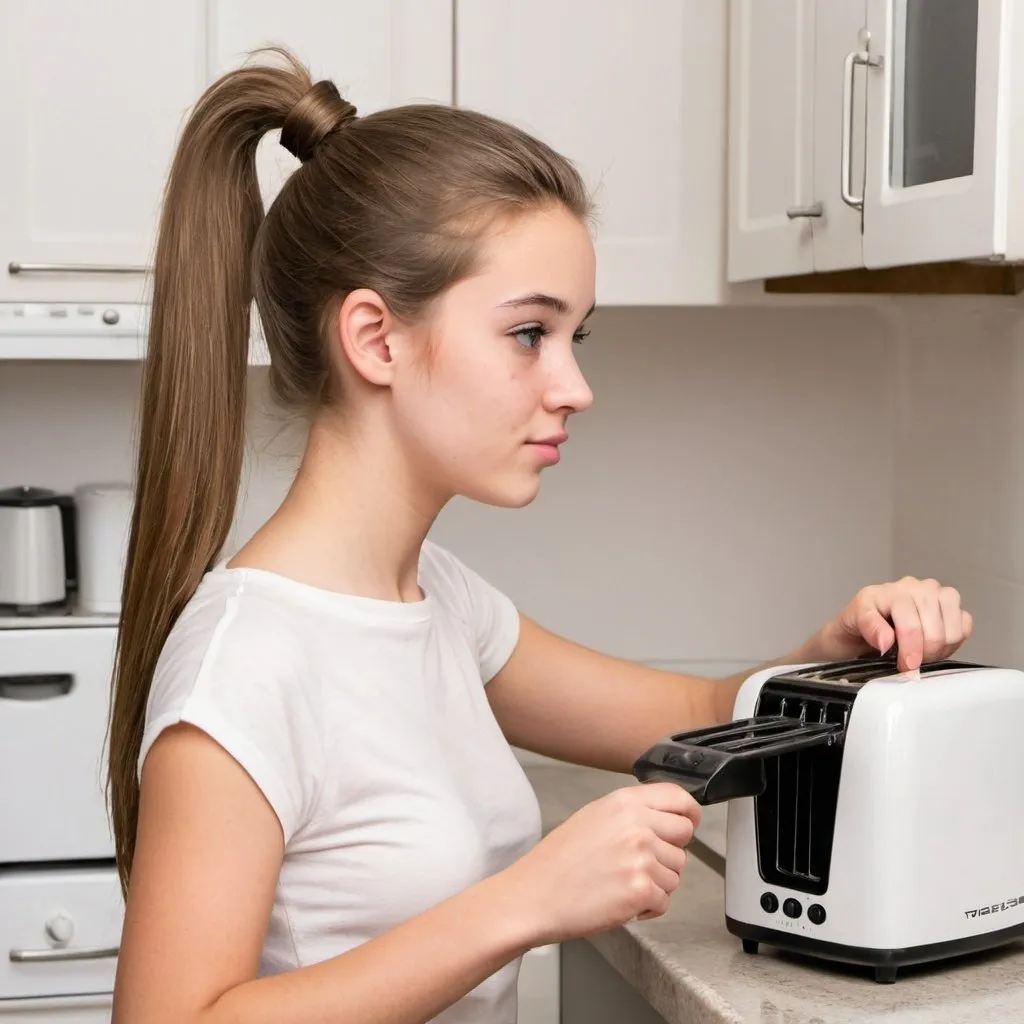 Prompt: A 18 years old girl wearing her hair into a ponytail using a toaster