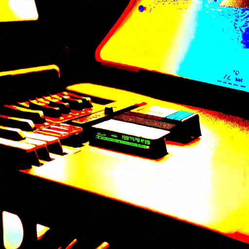 Prompt: Digital piano with AM/FM band, cassette deck,Floppy disk drive & voice changer in the style of 1986