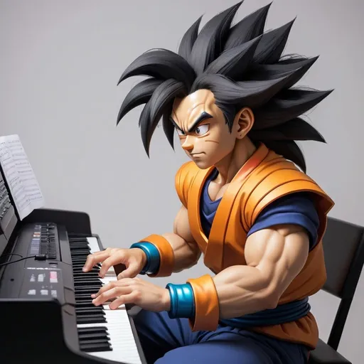 Prompt: A human with Saiyan hair & tail playing keyboard