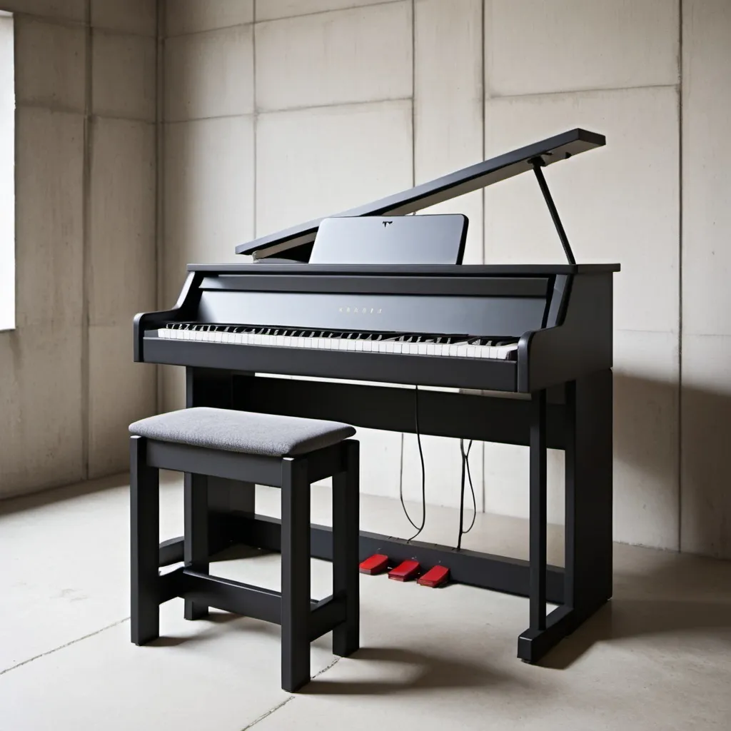 Prompt: Brutalist digital piano with matching stool.