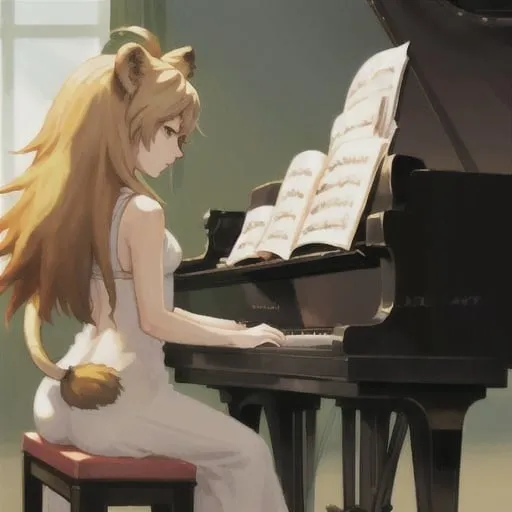 Prompt: A girl with a lion tail playing piano