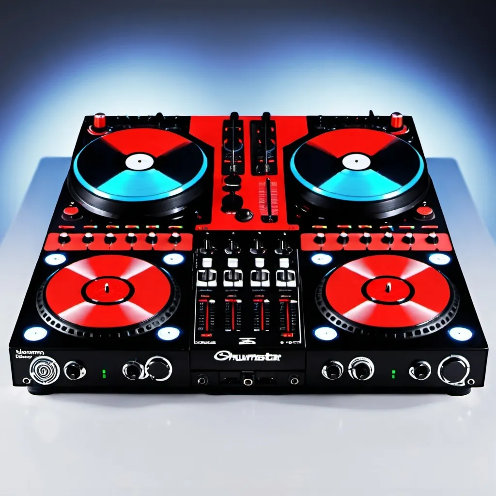 Prompt: A DJ controller with 2 turntables & a mixer. The whole set is black, but the turning disks of the turntables are red.