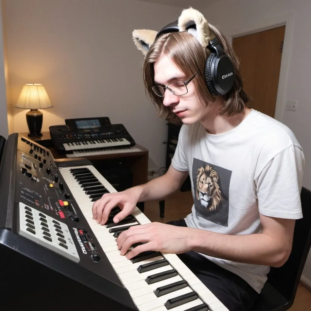 Prompt: An 18 years old boy with shoulder length hair playing the Casiotone CT-S200 & Casio WK-7600, he wears lion ears & tail.