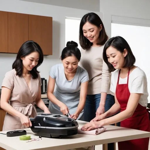 Prompt: 3 adults using household items like a vacuum cleaner, a teppanyaki grill & a sewing machine