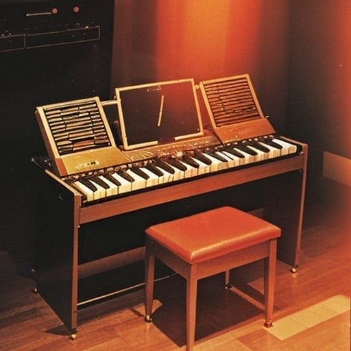 Prompt: A 1990s style Electone organ with floppy disc drive.