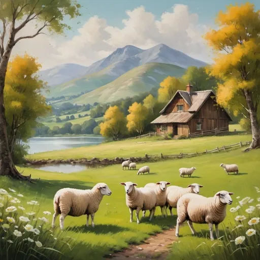Prompt: Create a painting that looks as if it were hand-painted by a human, with a distinct oil painting style.

Visual Style:

	•	The painting should have visible brush strokes and an imperfect, authentic look.
	•	Use warm colors to give a cozy, inviting feel.
	•	The overall scene is pastoral and tranquil.

Composition:

	•	Include a group of sheep grazing in a meadow.
	•	The perspective is from a distance, showing a broad view of the landscape.
	•	In the background, depict rolling mountains with shades of green and touches of yellow.
	•	The sky is clear with white clouds gently scattered across it.

Foreground and Details:

	•	Near the sheep, place a rustic wooden house, adding to the pastoral charm.
	•	Surround the scene with trees and clusters of vibrant flowers.
	•	Incorporate various shades of green and yellow in the grass and foliage to emphasize the warmth of the scene.

Additional Elements:

	•	Include a serene lake a bit further in the distance, bordered by tall grasses and reeds.
	•	Ensure the overall composition is balanced and harmonious, capturing the essence of a peaceful countryside.

Mood and Atmosphere:

	•	The painting should evoke a sense of calm and simplicity.
	•	The use of warm tones and detailed brush strokes should give it a textured, life-like appearance, yet distinctly oil-painted.”