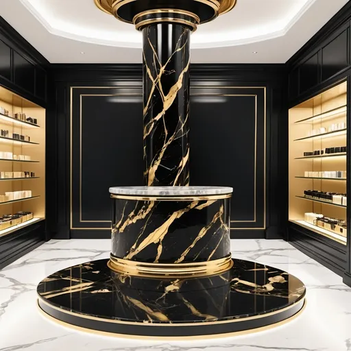 Prompt: A luxury black and golden Marble podium in a incredible perfume store