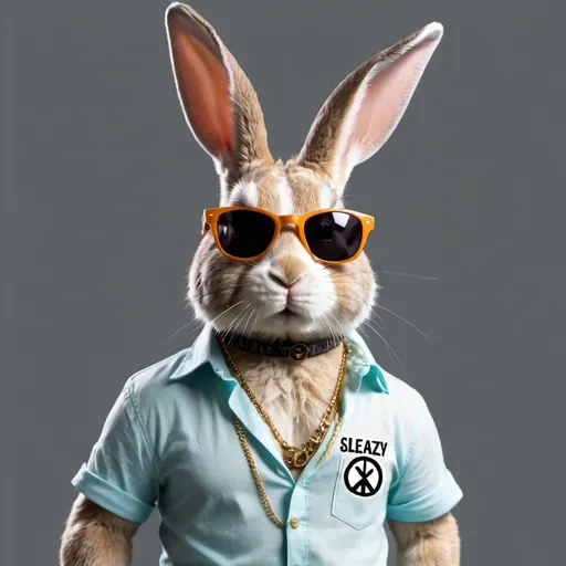 Prompt: Show me a bunny with a shirt that says “Sleazy G.” Make sure the bunny is wearing sunglasses and has a euro symbol necklace. Make sure the bunny’s shirt says “sleazy g” and ONLY “sleazy g”