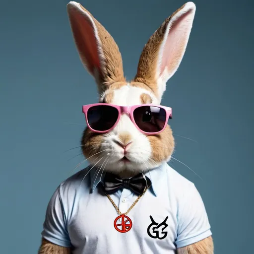 Prompt: Show me a bunny with a shirt that says “Sleazy G.” Make sure the bunny is wearing sunglasses and has a euro symbol necklace. 