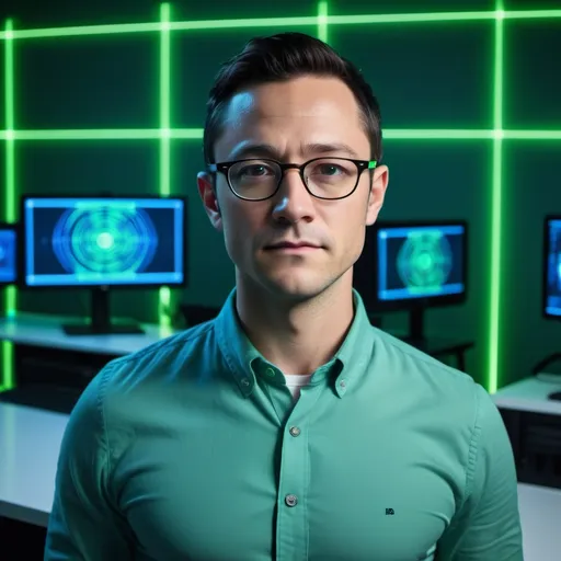 Prompt: A man with glasses (resembling Joseph Gordon Levitt), standing confidently in a sleek computer lab, illuminated by soft blue and green LED lights, surrounded by high-tech equipment and glowing screens, focused expression, casual yet stylish attire, showcasing his dedication to technology and innovation, (photorealistic), (HD), modern ambiance.