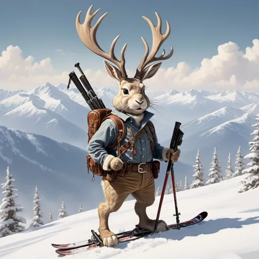 Prompt: make me a picture of a jackalope, on skis, with twin pistols on a holster belt in an old western style, on a snowy sunny mountain top above a layer of clouds, with snowcapped mountains in the distance, prepared to ski down into fresh powder.  