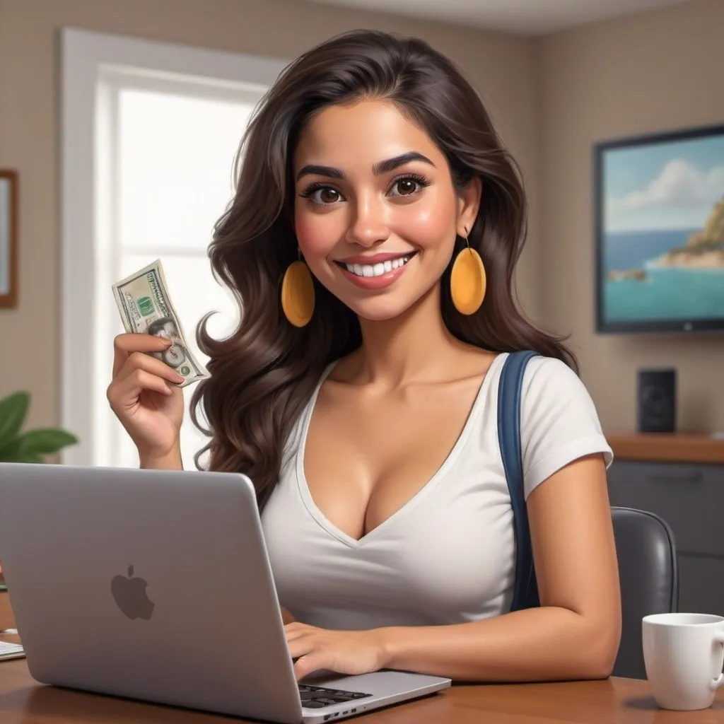 Prompt: A frugal pretty latina woman thats looking for deals online. Loves to save money. Happy! realism cartoon. Cartoon Realistic. Ultra high quality resolution. 