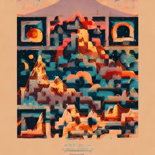 Prompt: mountains, stars and paisley filled sky, artstation, intricate, highly detailed, digital painting, concept art, sharp focus, illustration by Tom Whalen and James Gilleard
