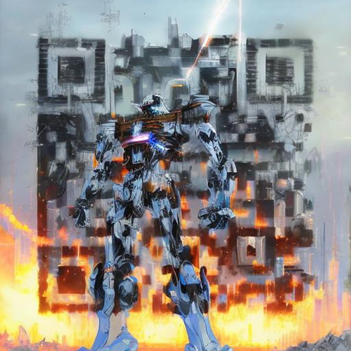 Prompt: masterpiece, best quality, mecha, no humans, black armor, blue eyes, science fiction, fire, laser canon beam, war, conflict, destroyed city background