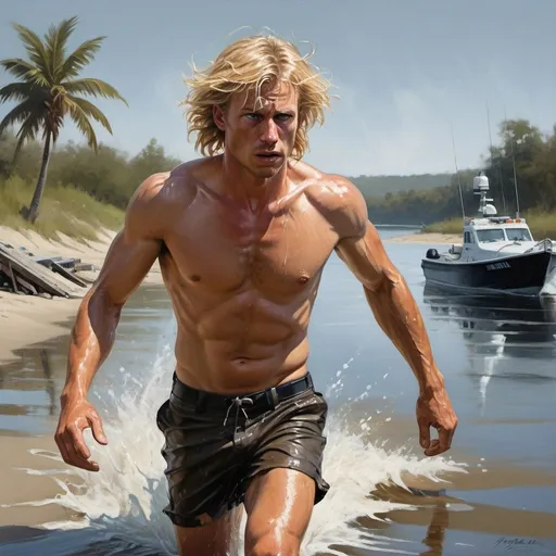 Prompt: Blonde male fugitive stumbling through shallow estuarary waters, drunk expression, wet blonde longish hair, board shorts, no shirt, tanned, beer in hand, dramatic lighting, cinematic quality, oil painting, intense chase, murky water, determined escape, law enforcement pursuit, high contrast, dramatic shadows, atmospheric, gritty, high detail, oil painting, intense mood, evading capture, criminal pursuit. Police boat in background. Boats and moorings everywhere. Bay side houses. skinny but not muscular

